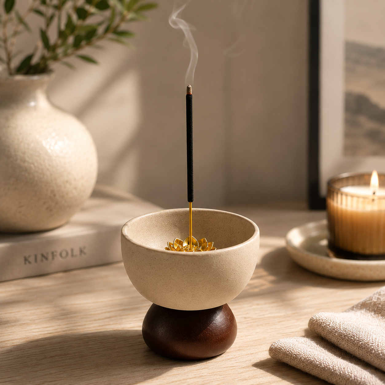 Incense and burner styled for a calm home fragrance ritual