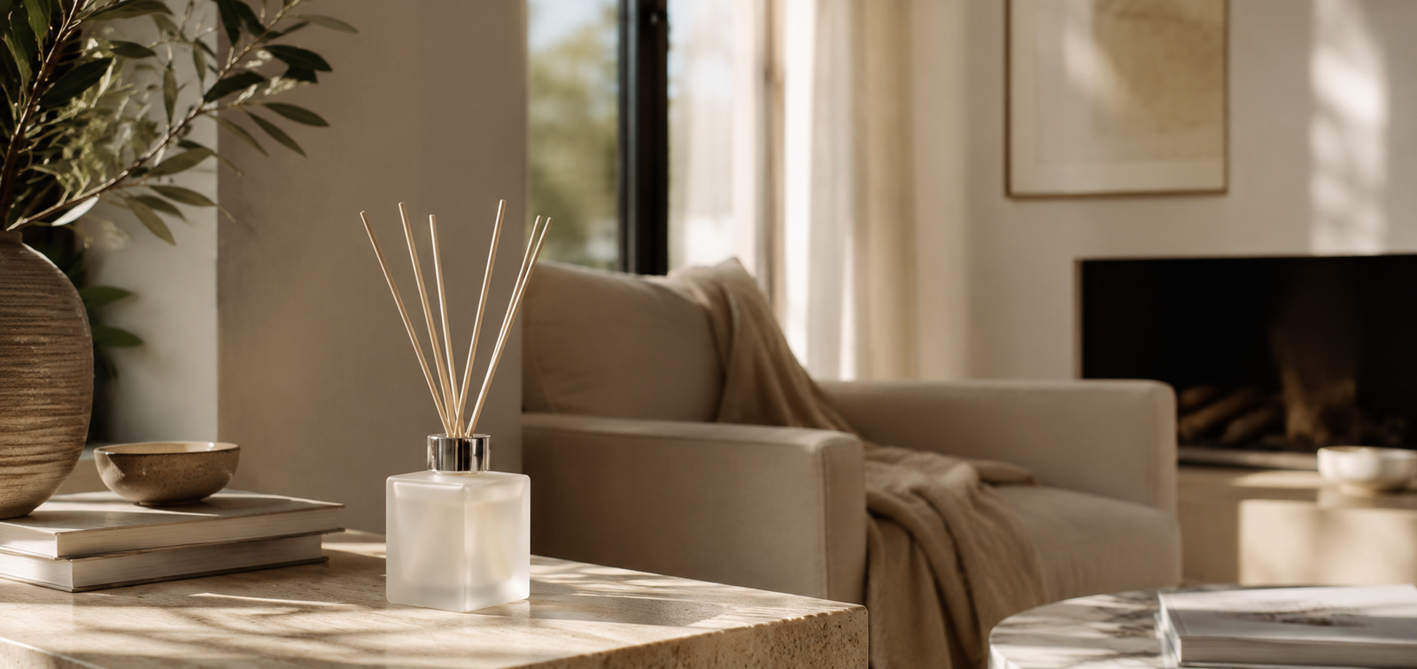 White Tranquil Euphoria reed diffuser in a calm interior