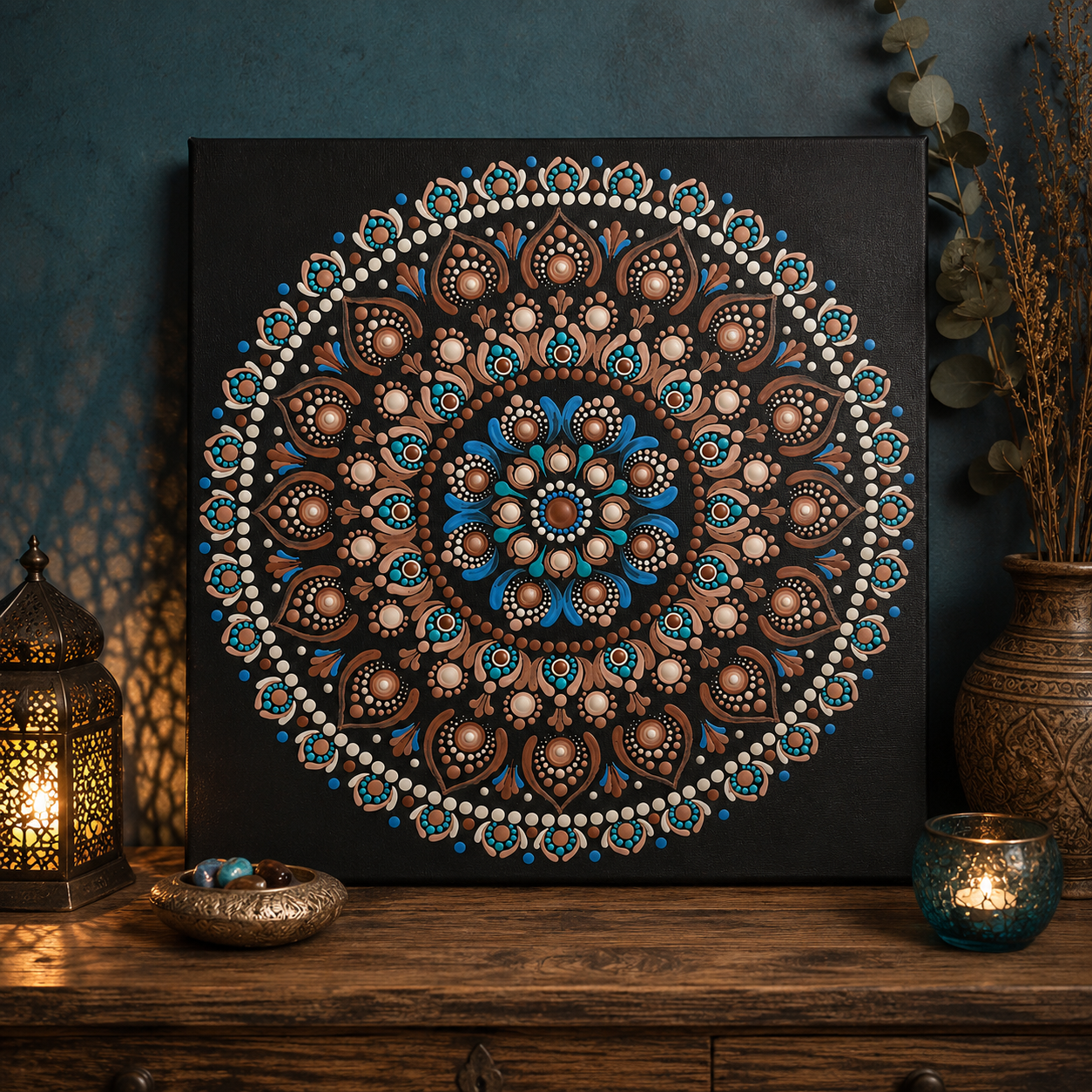 Awakening hand-painted dot art mandala, full artwork view