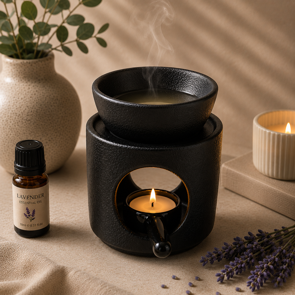 Black ceramic wax melt and essential oil burner with a lit tealight and lavender oil