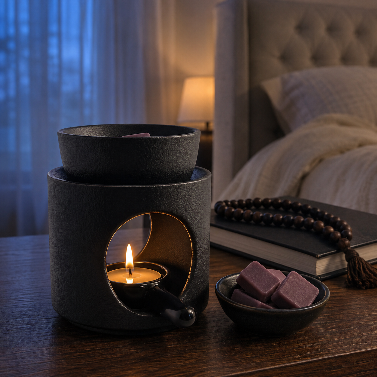 Black ceramic wax melt and essential oil burner glowing beside wax cubes