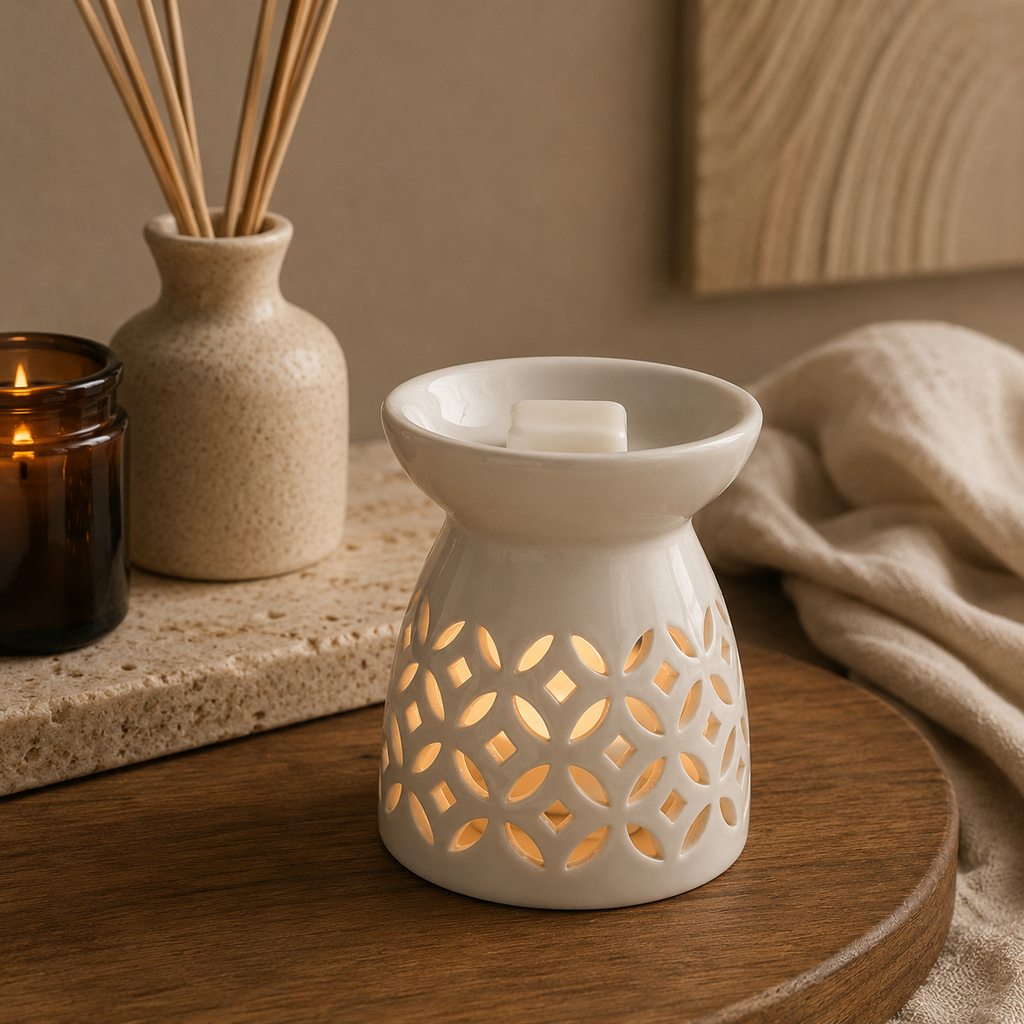 White ceramic diffuser burner glowing on a wooden tray beside a reed diffuser