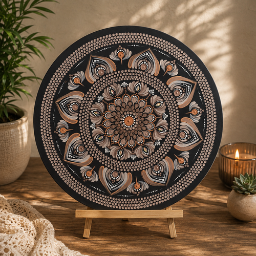Equanimity hand-painted dot art mandala displayed on a small wooden easel