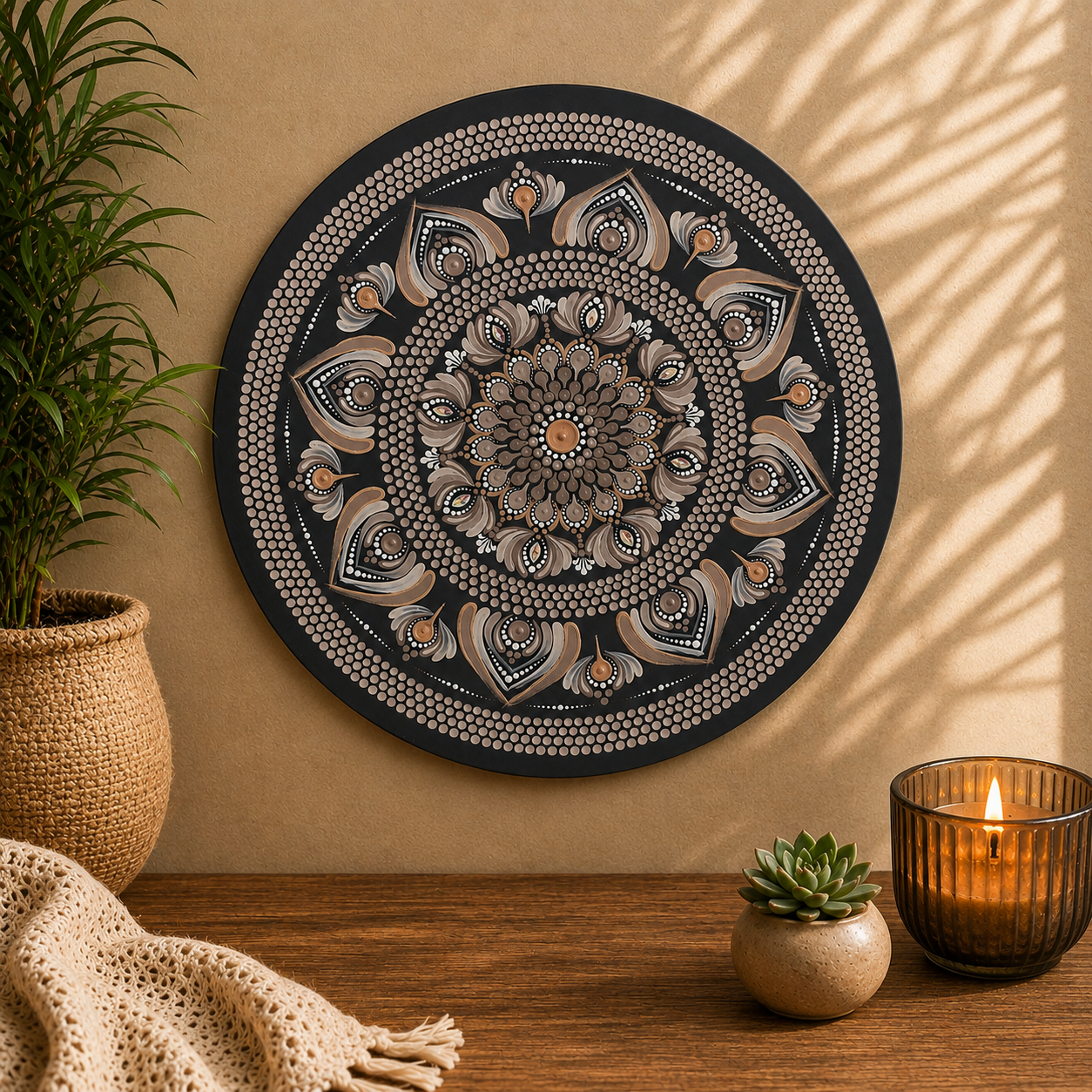 Equanimity hand-painted dot art mandala styled with a candle and plants
