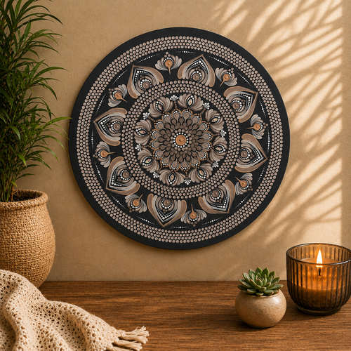 Equanimity hand-painted dot art mandala styled with a candle and plants