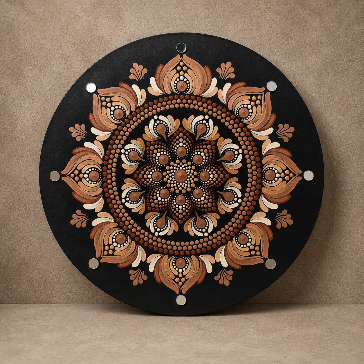 Grounding hand-painted dot art mandala, full artwork view