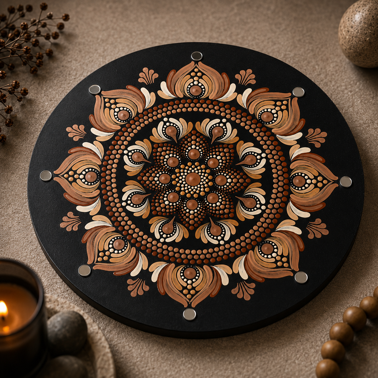 Grounding hand-painted dot art mandala, alternate artwork view
