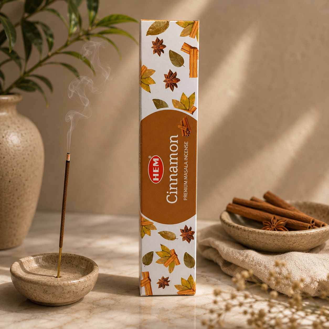 HEM Cinnamon premium masala incense packaging beside a burning incense stick