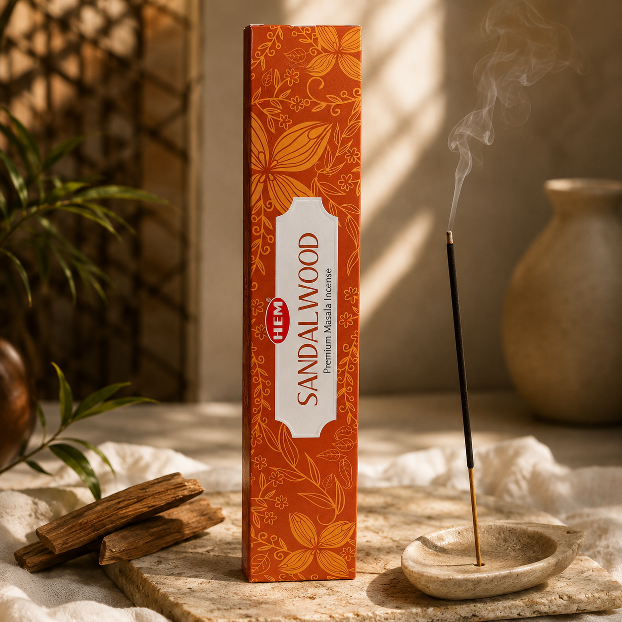 HEM Sandalwood premium masala incense packaging beside a burning incense stick