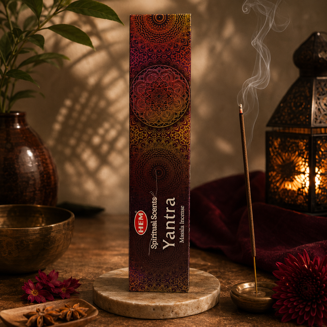 HEM Yantra spiritual incense packaging beside a lantern and burning incense