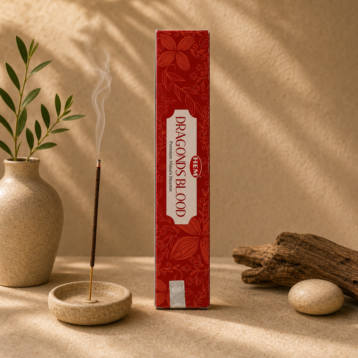 HEM Dragons Blood premium masala incense styled for a home fragrance ritual
