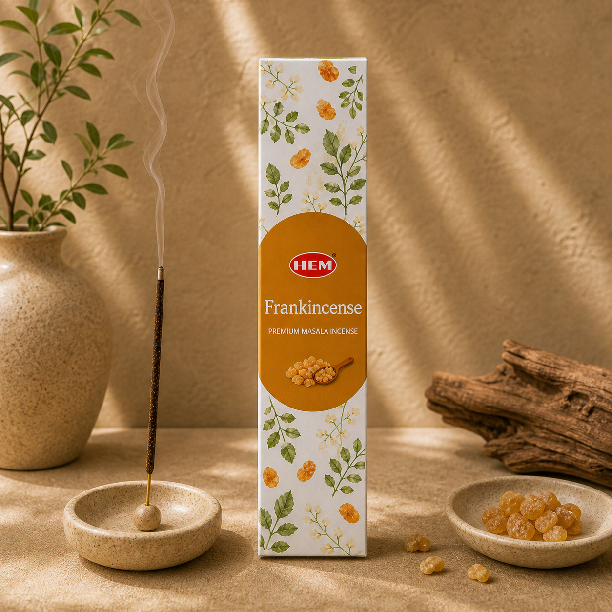 HEM Frankincense premium masala incense styled for a home fragrance ritual