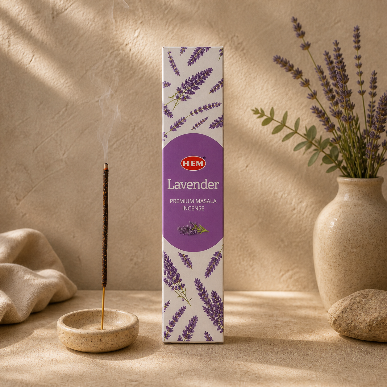 HEM Lavender premium masala incense styled for a home fragrance ritual