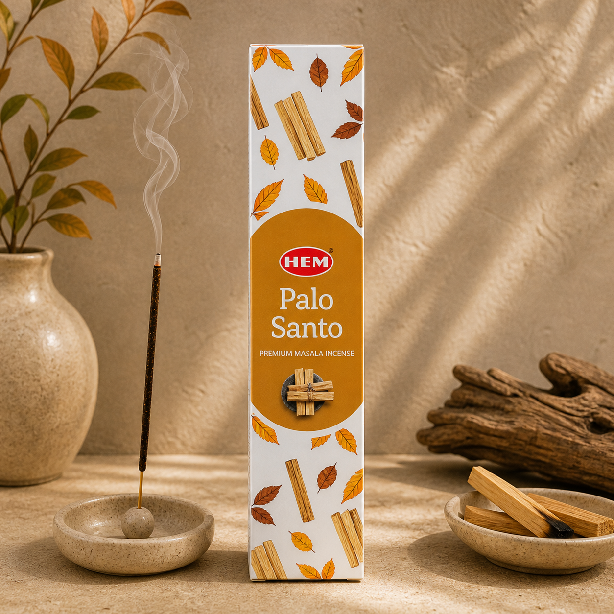 HEM Palo Santo premium masala incense styled for a home fragrance ritual