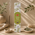 HEM White Sage premium masala incense styled for a home fragrance ritual