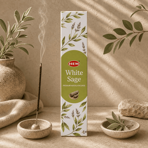 HEM White Sage premium masala incense styled for a home fragrance ritual