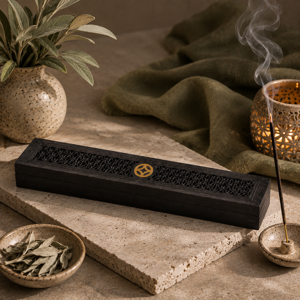 Black hand-carved wooden incense storage holder closed beside burning incense