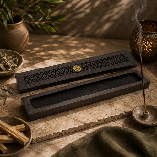 Black hand-carved wooden incense storage holder open with incense sticks