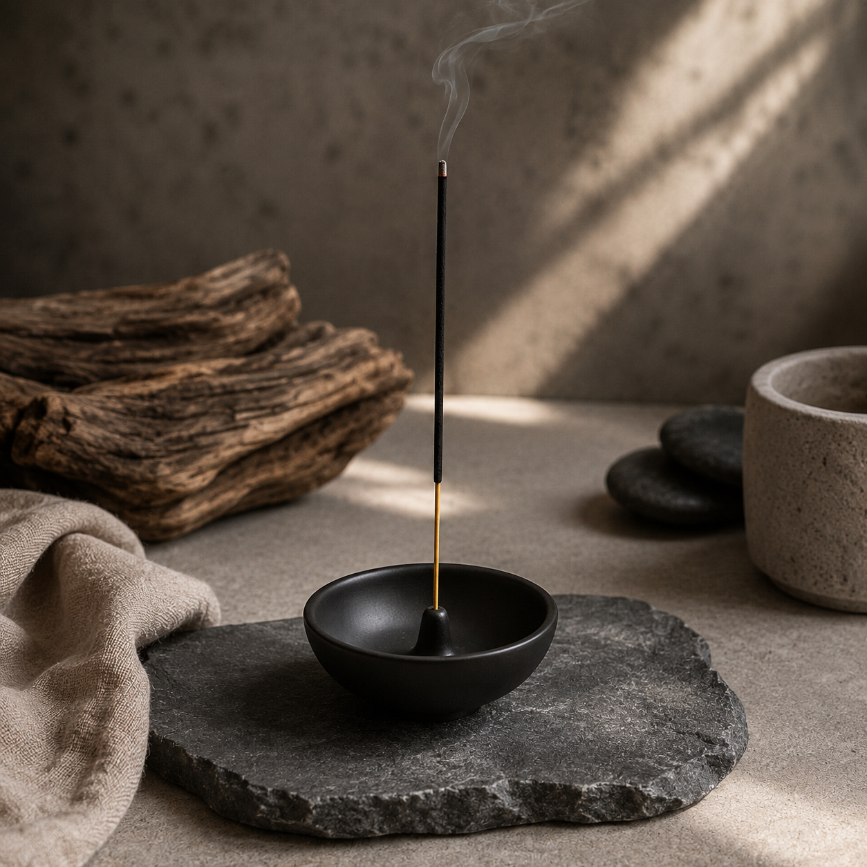 Matte black Japanese-style incense stand with a burning stick on a slate base