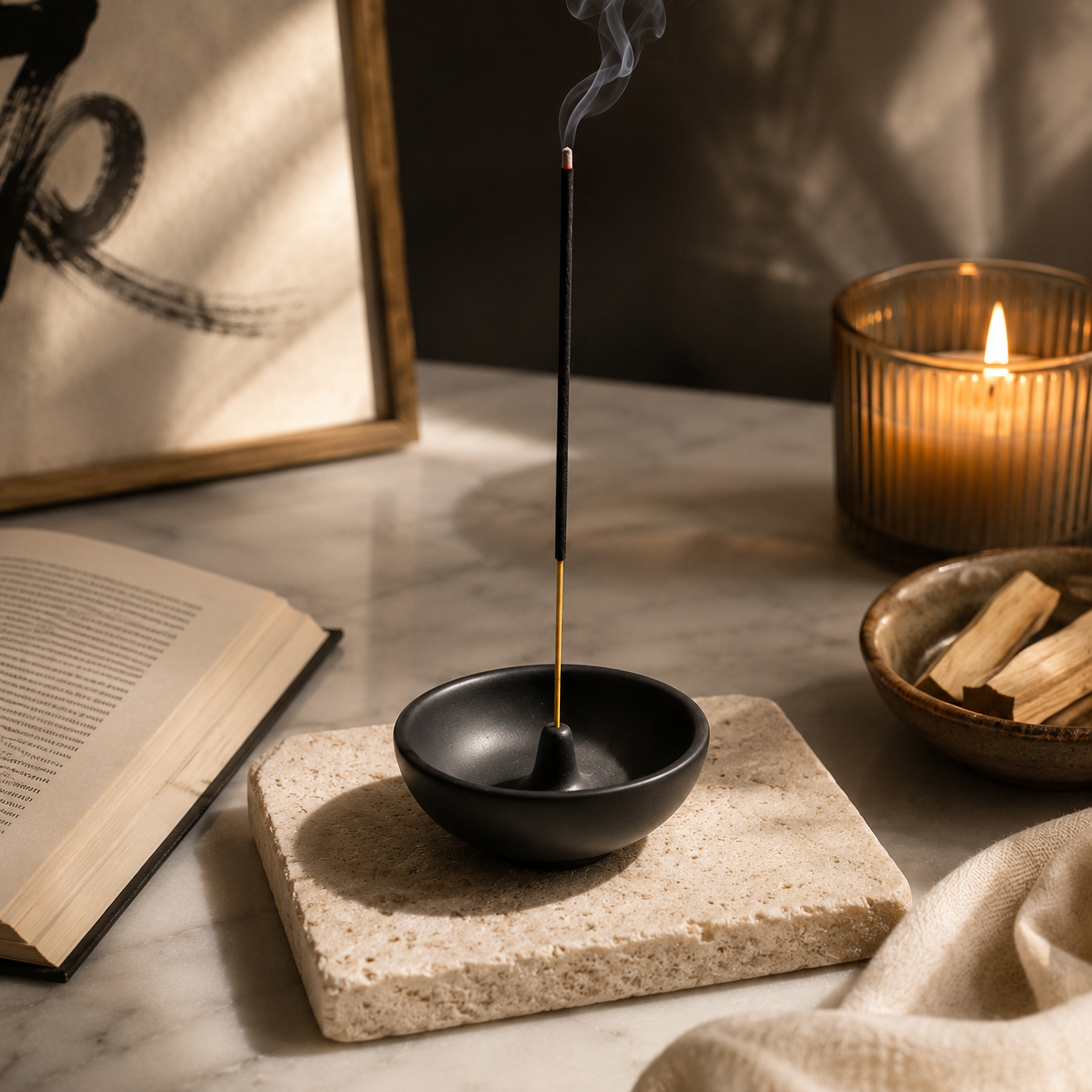 Matte black Japanese-style incense stand with a burning stick beside a candle