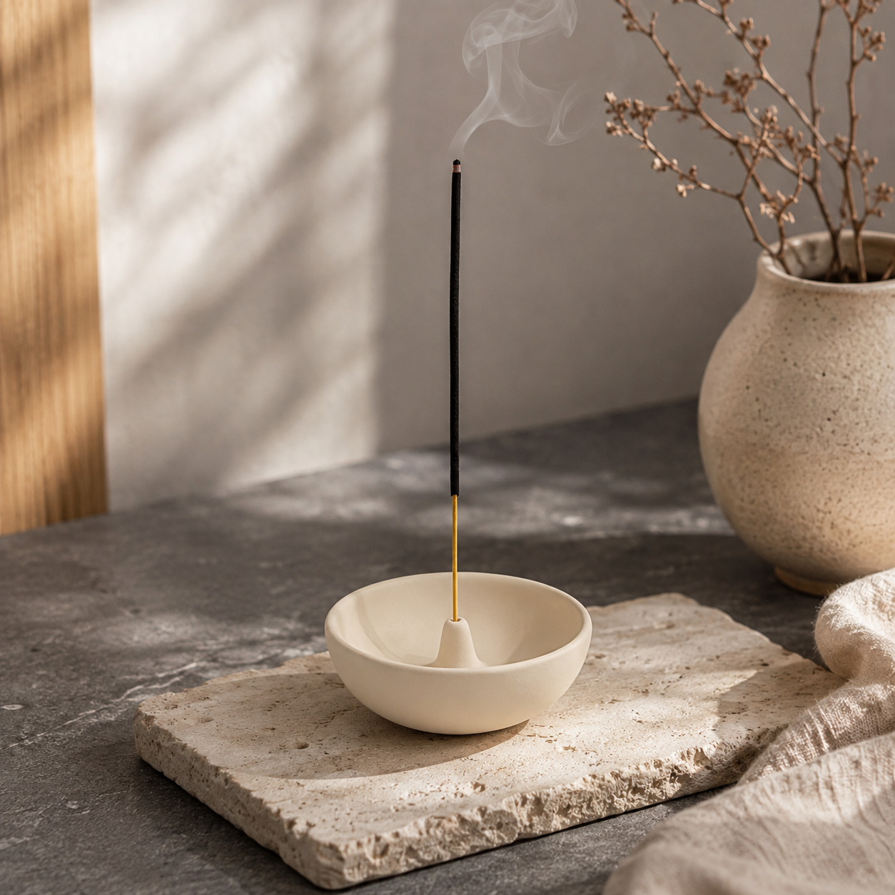 Matte white Japanese-style incense stand with a burning stick in a bright neutral setting