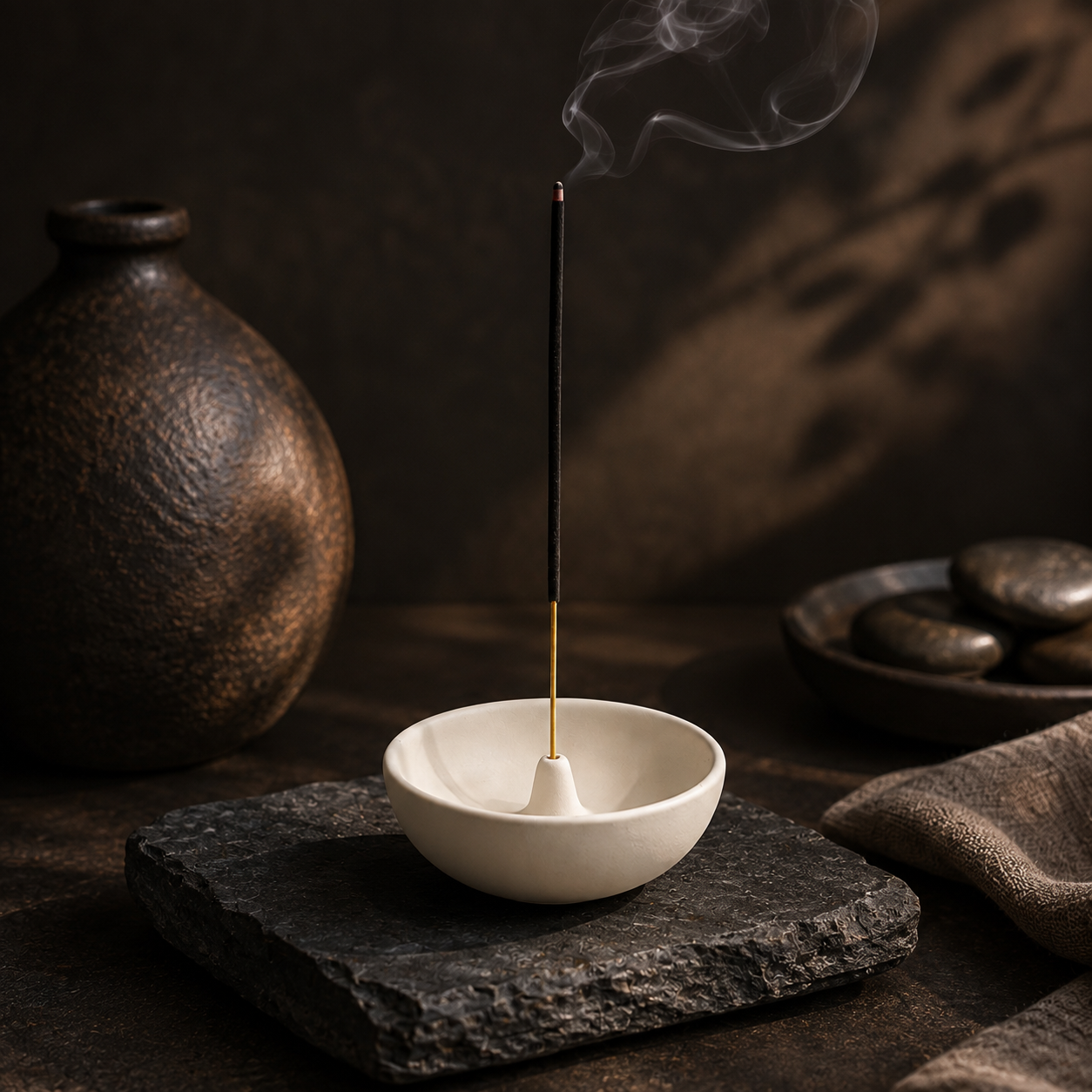 Matte white Japanese-style incense stand with a burning stick on a dark slate base