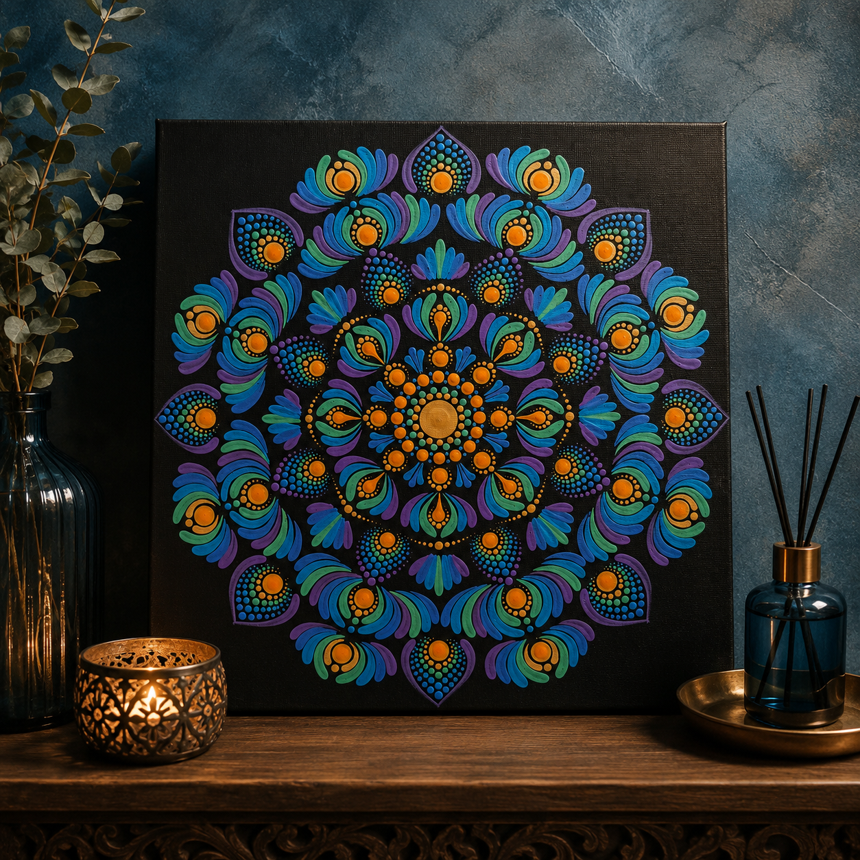 Luminescence hand-painted dot art mandala, full artwork view