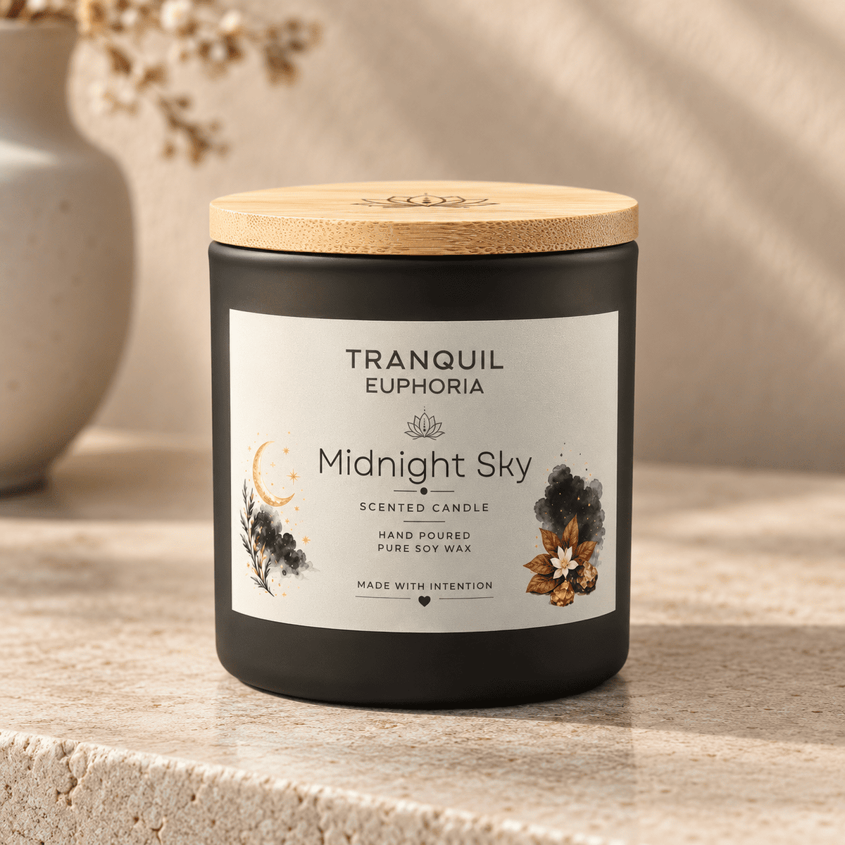 Midnight Sky soy wax candle with a bamboo lid in a black glass vessel