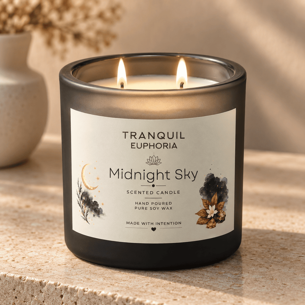 A double-wick scented candle in a dark frosted glass jar with two lit flames. The label reads 'TRANQUIL EUPHORIA Midnight Sky' and features botanical illustrations on a cream background, set on a stone surface with a blurred vase in the background.