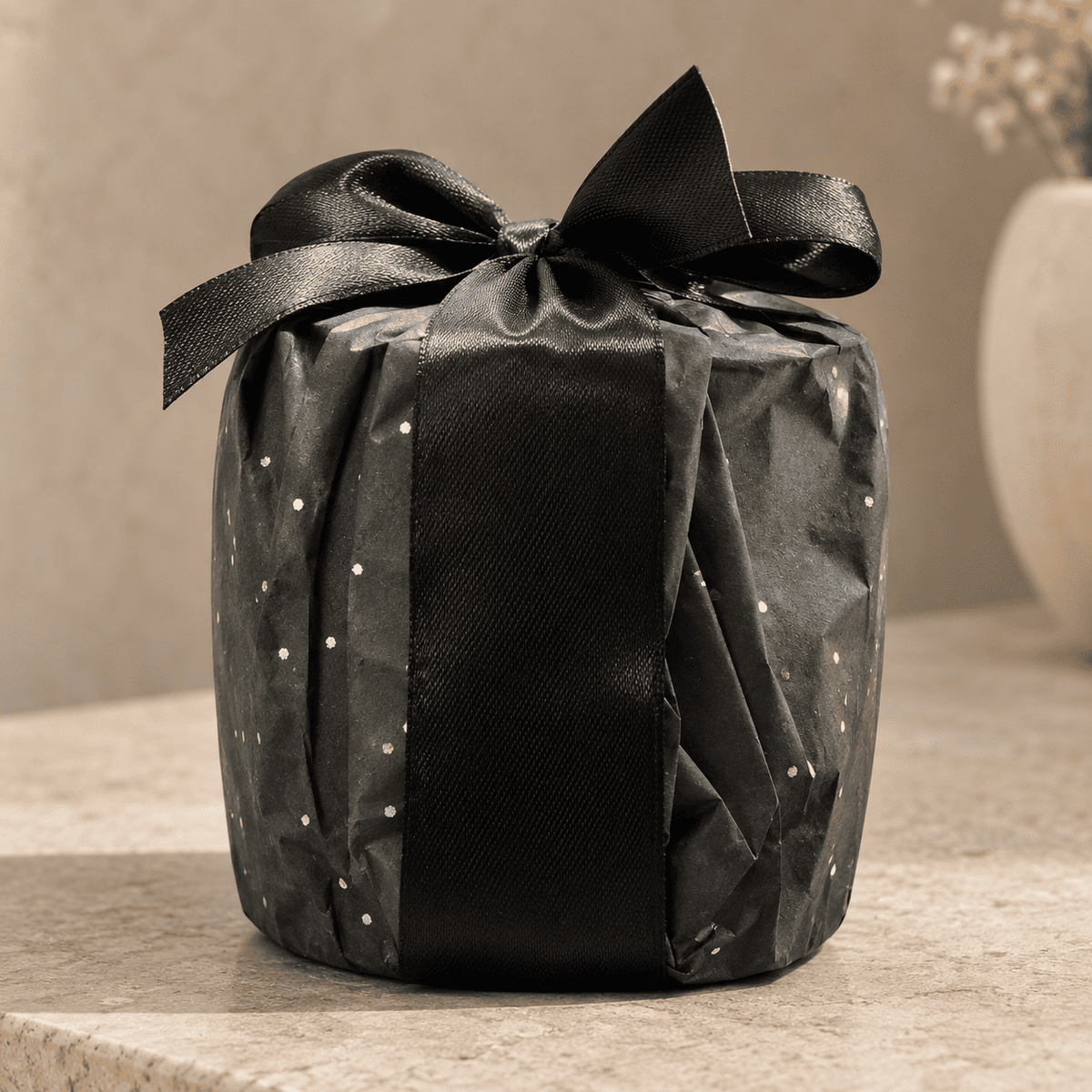 A gift-wrapped Midnight Sky candle tied with a black satin ribbon and bow, set on a beige stone surface against a softly blurred neutral background.