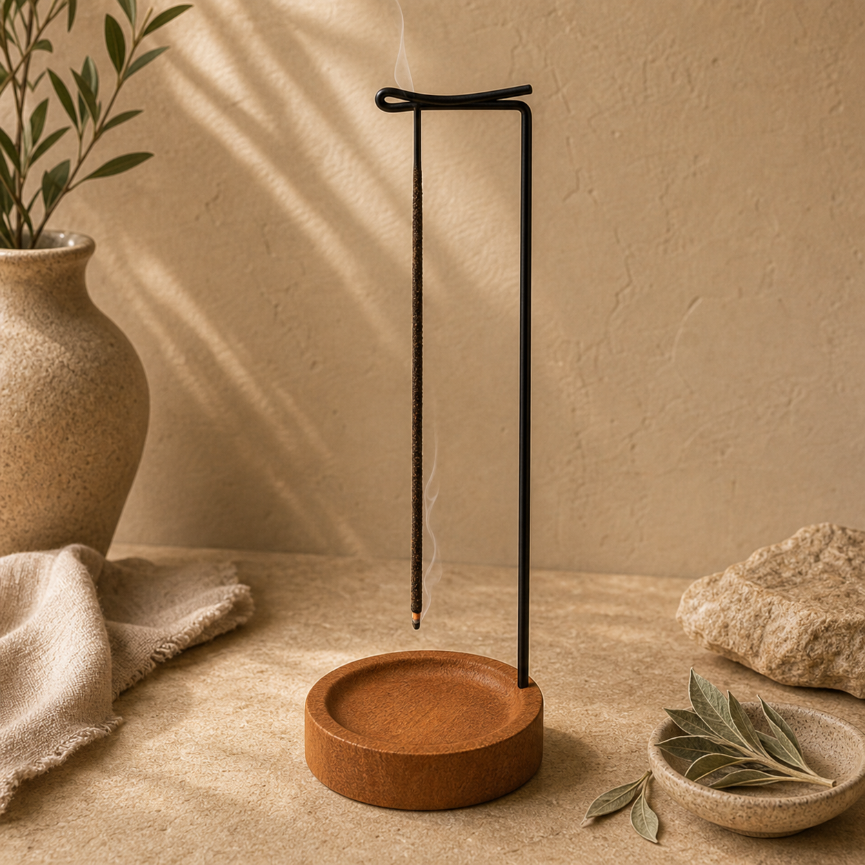Metal and wood incense stand styled for a home incense ritual