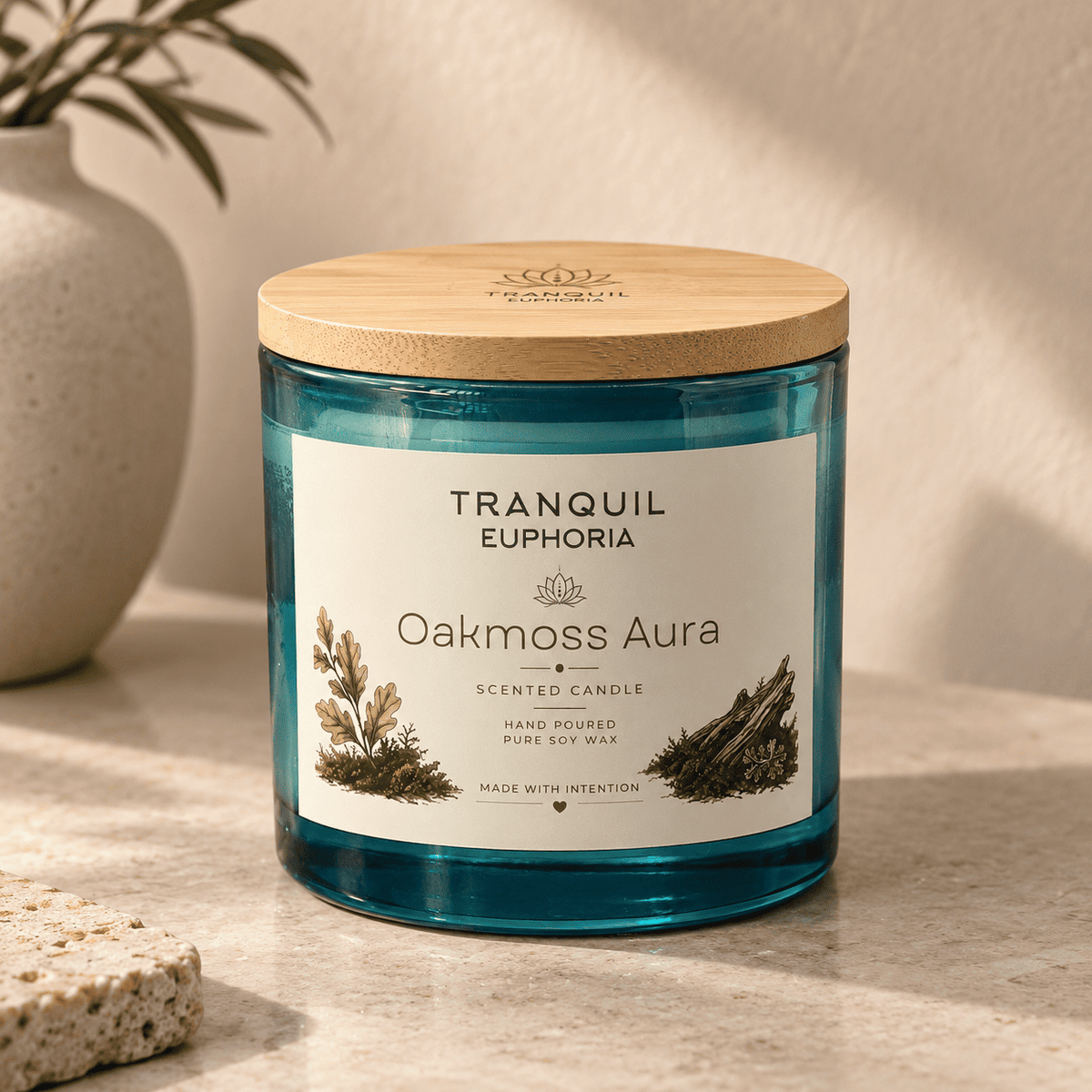 A Tranquil Euphoria Oakmoss Aura scented candle in a blue glass jar with a light wood lid, set on a stone surface with a neutral background and a vase in the distance.