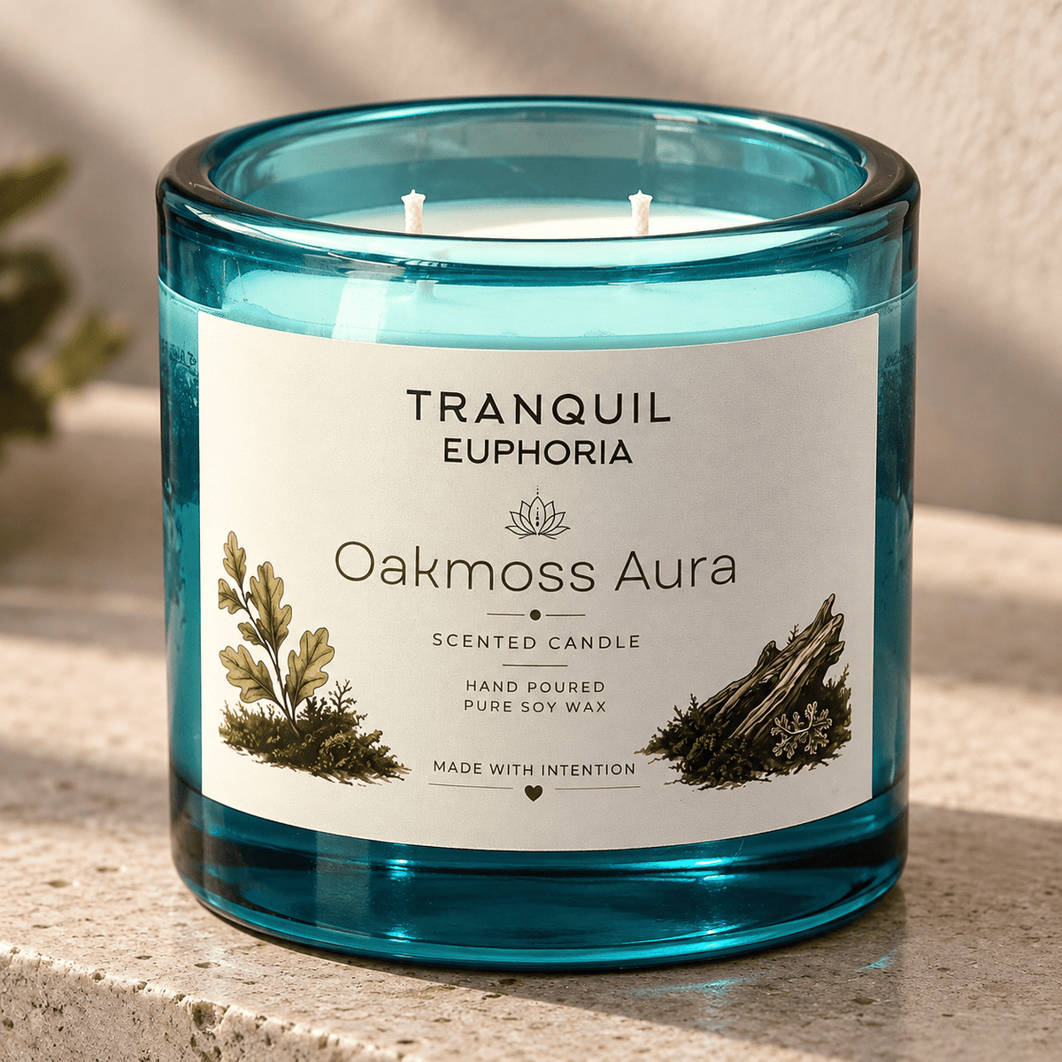 A teal-blue glass jar candle labeled 'Tranquil Ephoria' and 'Oakmoss Aura' sits on a stone surface with warm sunlight and soft background blur.