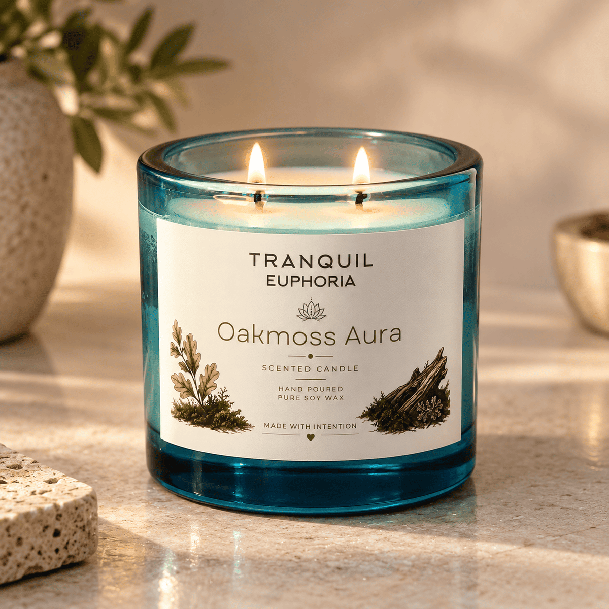 A lit scented candle in a translucent blue glass jar with two flames visible, labeled Tranquil Euphoria / Oakmoss Aura, set on a stone surface with soft decorative props in the background.