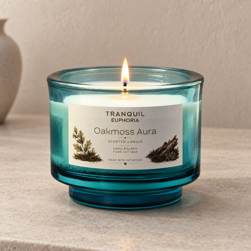 A lit Tranquil Euphoria 'Oakmoss Aura' scented candle in a translucent teal glass jar, set on a textured beige stone surface with a neutral background.