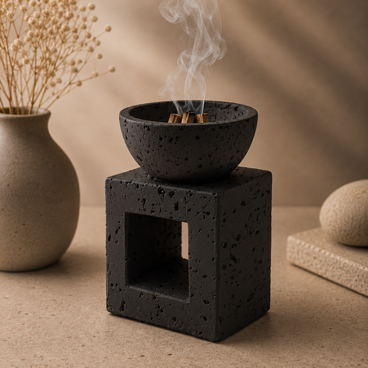 Black ceramic incense burner with smoke on a beige surface, next to a vase with dried flowers.