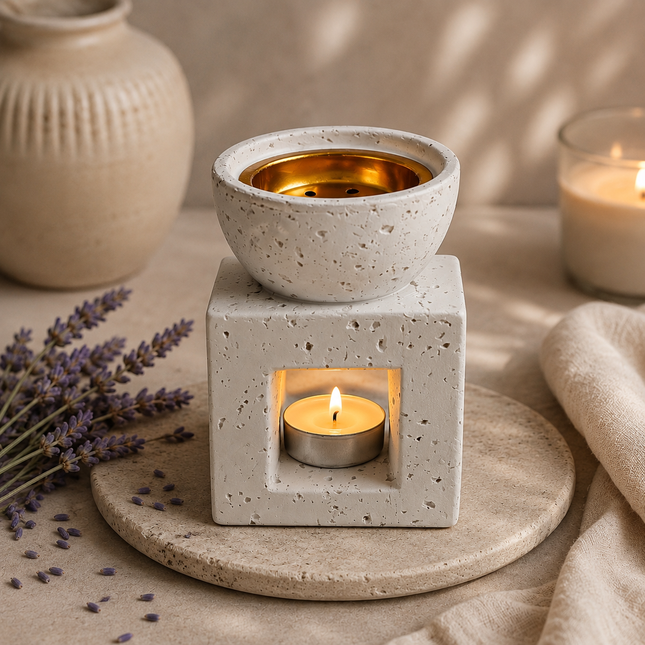 White ceramic oud wood and Palo Santo burner lit beside lavender and a candle