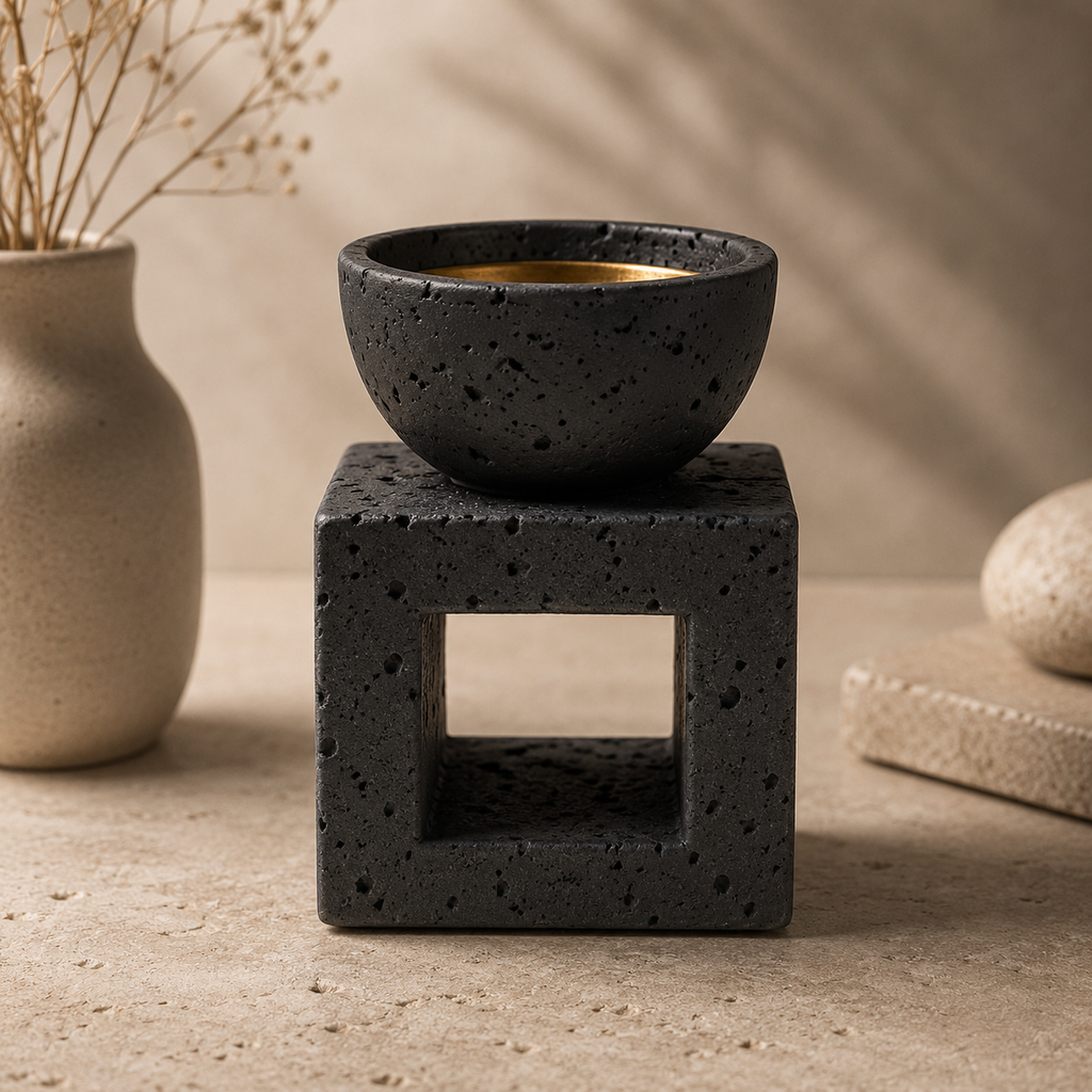 Black textured bowl on a matching black cube stand with a neutral background