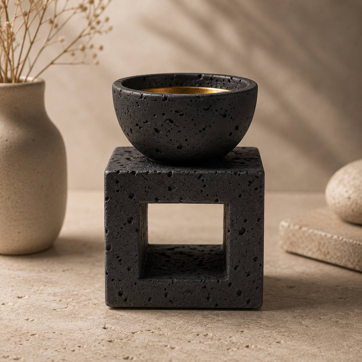 Black textured bowl on a matching black cube stand with a neutral background