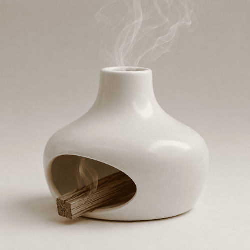 White ceramic incense burner with a wooden stick emitting smoke on a light gray background