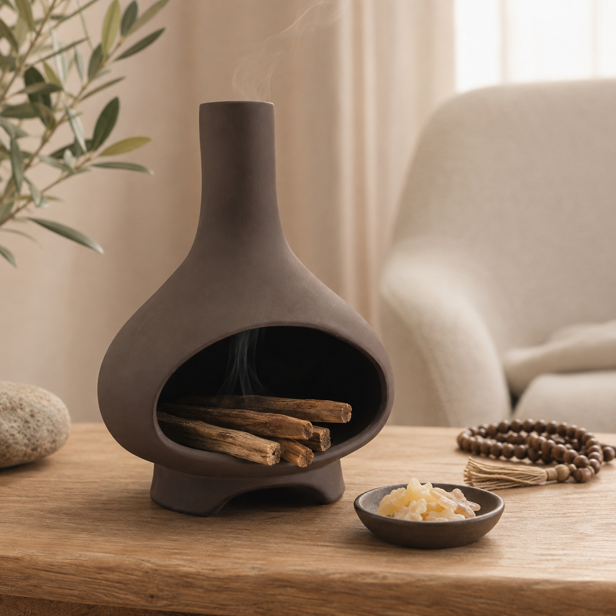 Brown ceramic oud wood and Palo Santo burner styled on a wooden table