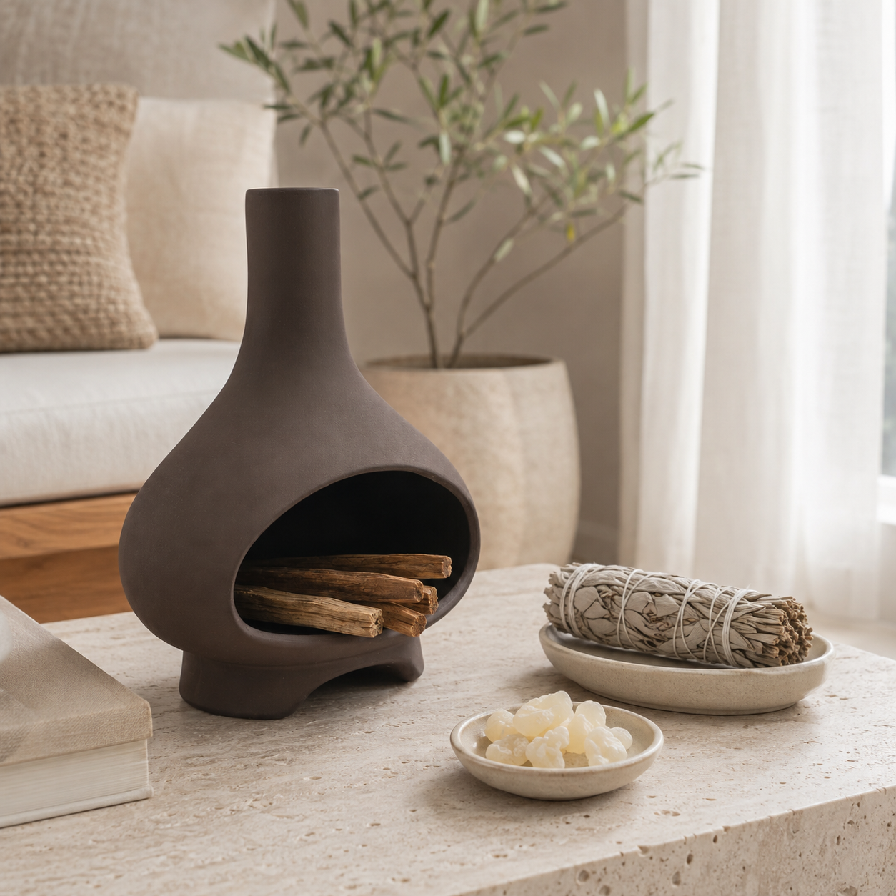 Brown ceramic oud wood and Palo Santo burner styled with sage and resin