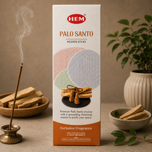 HEM Palo Santo incense sticks packaging with incense sticks and a bowl on a brown background