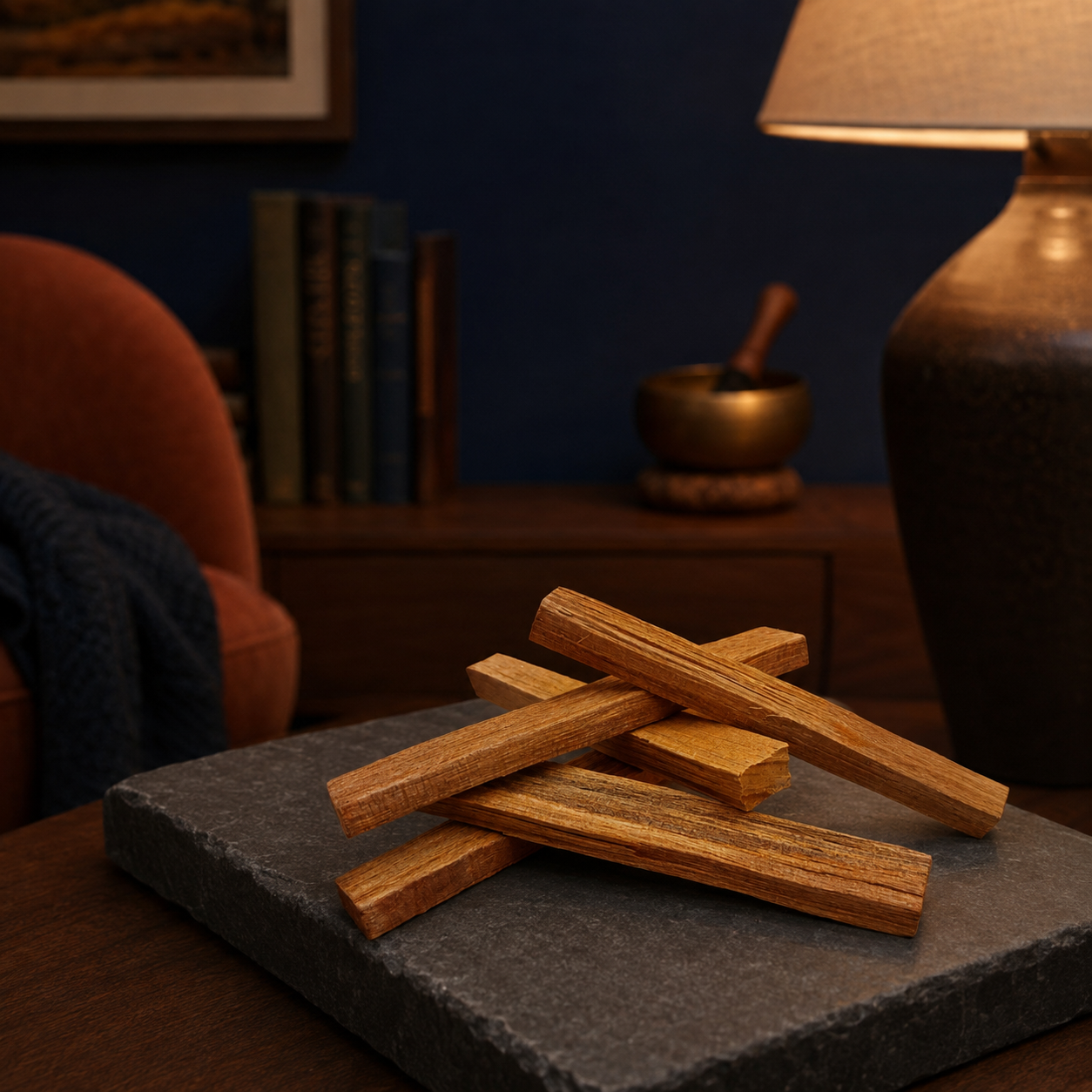 Palo Santo holy wood sticks arranged on a dark slate board in an evening setting
