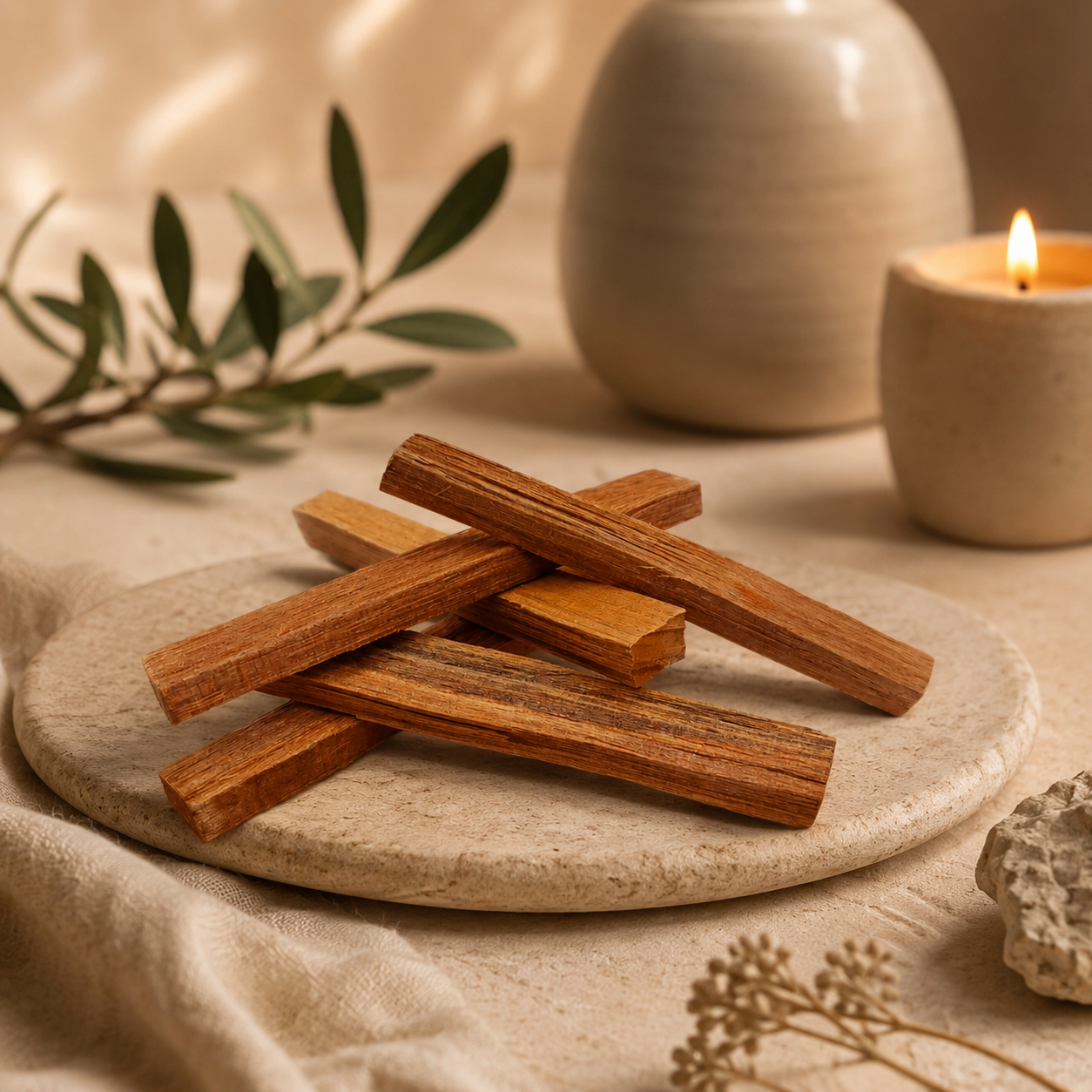 Palo Santo holy wood sticks arranged on a stone tray in warm candlelight