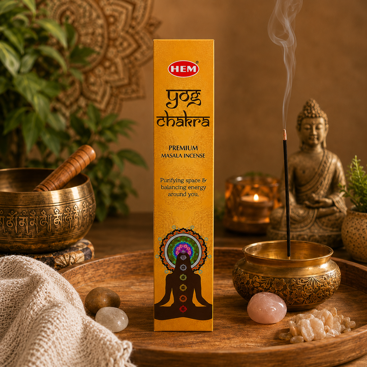 YOG CHAKRA premium masala incense packaging in a meditation setting