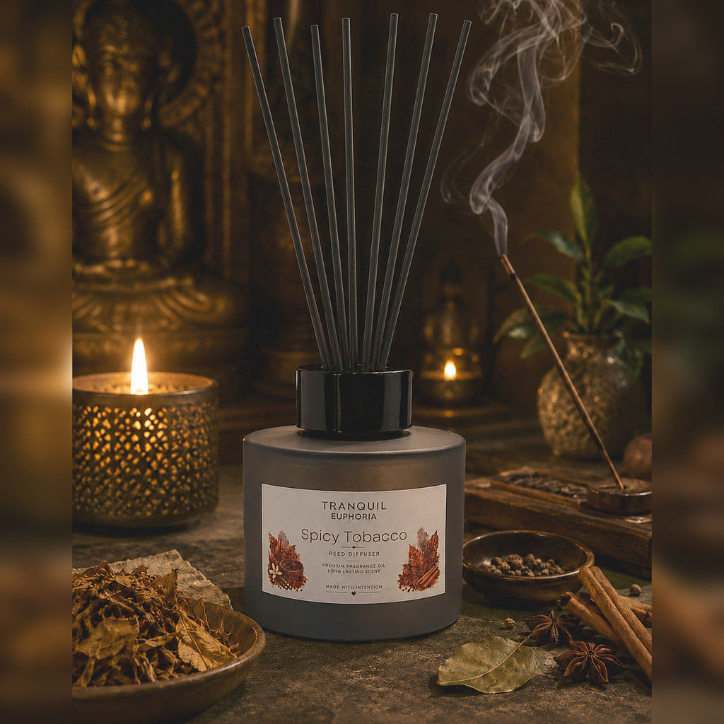 Spicy Tobacco round reed diffuser with six black fibre reeds in a dark ritual setting