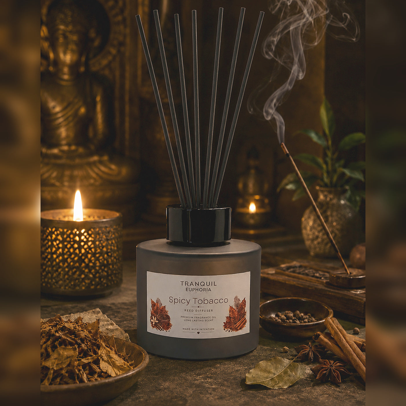 Spicy Tobacco round reed diffuser with six black fibre reeds in a dark ritual setting