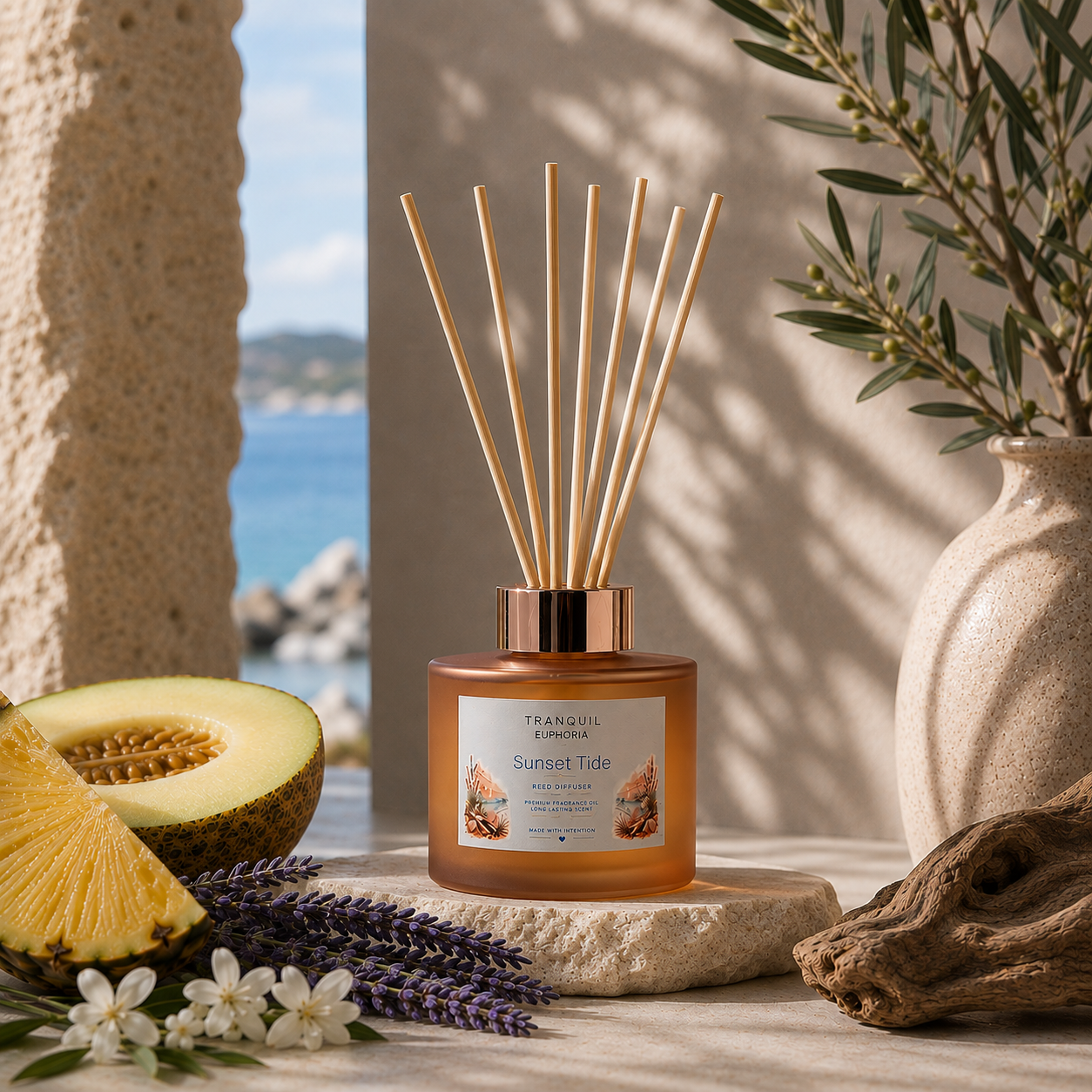 Sunset Tide round reed diffuser with six fibre reeds styled beside melon and flowers