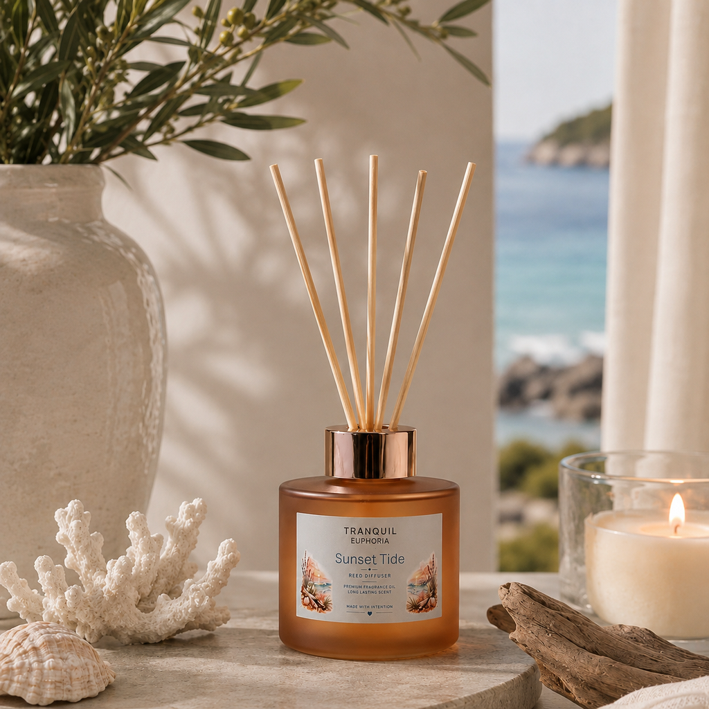 Sunset Tide round reed diffuser with six fibre reeds styled beside an ocean view